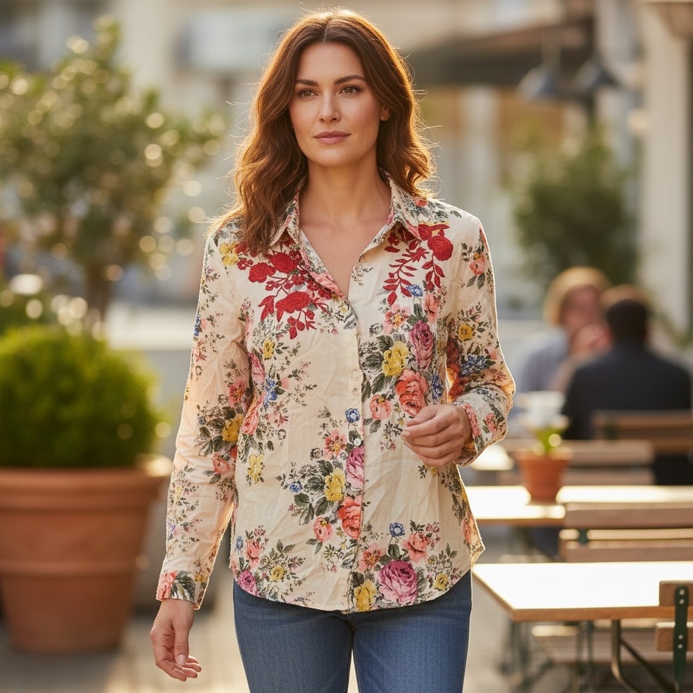 Chic Connection‎ Floral Embroidered Button Down Roll Tab Sleeve Blouse Women M